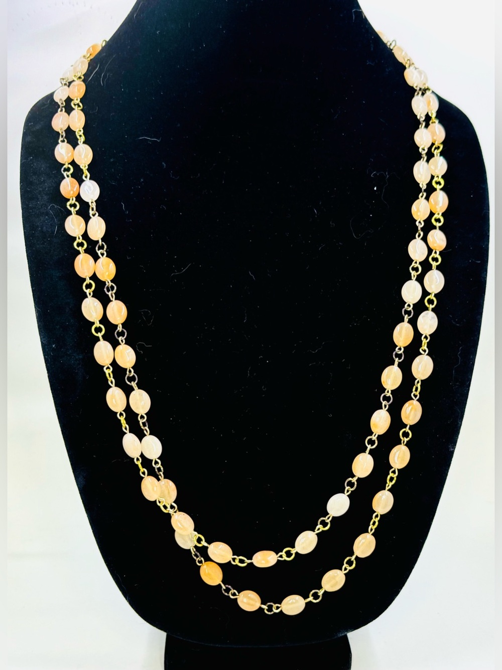 Vintage Long 60” Gold Tone & Genuine Carnelian Polished Stone Link Necklace